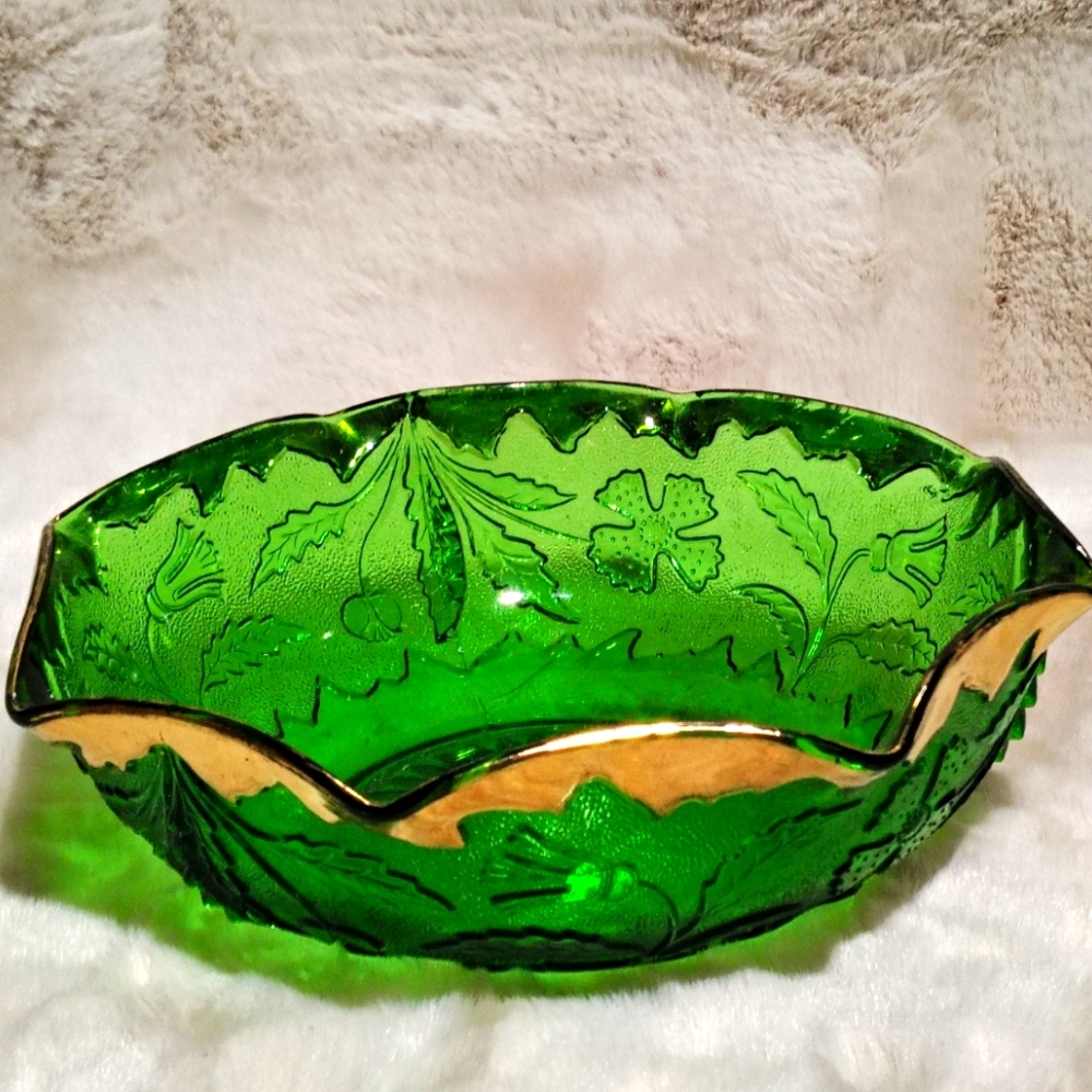 Emerald Green Glass Bowl With Gold Trim